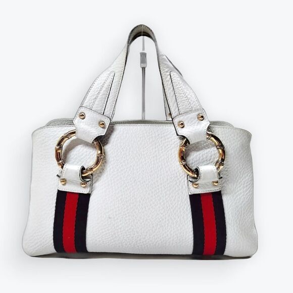 Tom Ford for Gucci Creamy White Leather Web Sherry Line Bamboo Tote Bag RARE - Picture 1 of 16